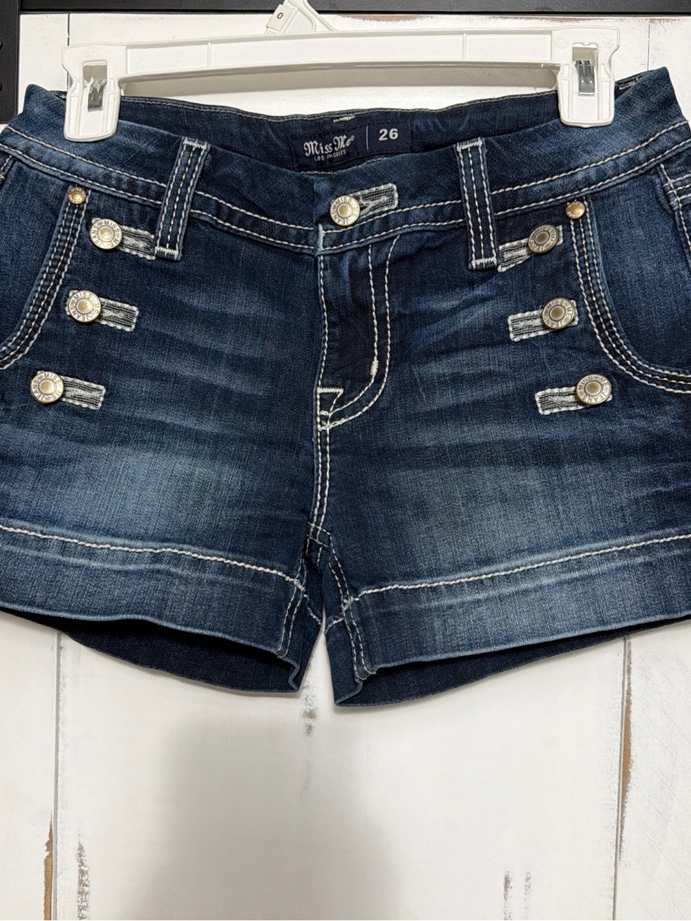 Miss Me Dark Blue Denim Shorts with Gold Buttons